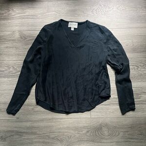 Emanuel Ungaro Long Sleeve Washed Black V Neck 100% Silk Work Blouse Size M